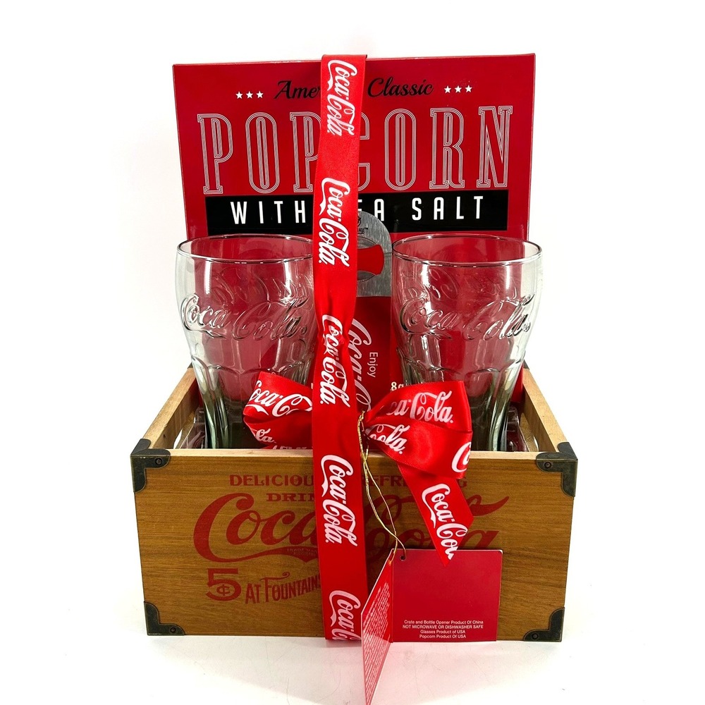 Coca-Cola Popcorn Gift Set with Wooden Crate 2 Glasses Bottle Opener Sea Salt